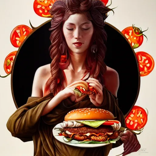 Prompt: detailed full body concept art illustration oil painting of Brent Spiner consuming hamburgers, extra ketchup, bacon lettuce and tomatos, oriental art nouveau, frock, mid body, radiant halo of light, black gold smoke ink, woman covered in sliced tomatos and onions, peter mohrbacher, artgerm