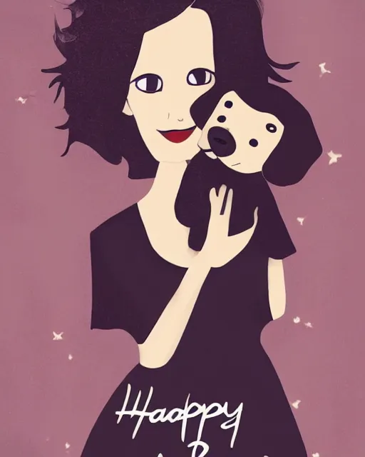 Prompt: happy birthday postcard in a style of Neil Gaiman book , black haired girl holding a beagle puppy, trending on artstation, 8k, highly detailed
