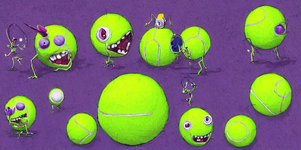 Image similar to tennis ball monsters playing on a tennis court, purple, digital art, fantasy, magic, chalk, chalked, trending on artstation, ultra detailed, detailed, fine details, professional illustration by basil gogos