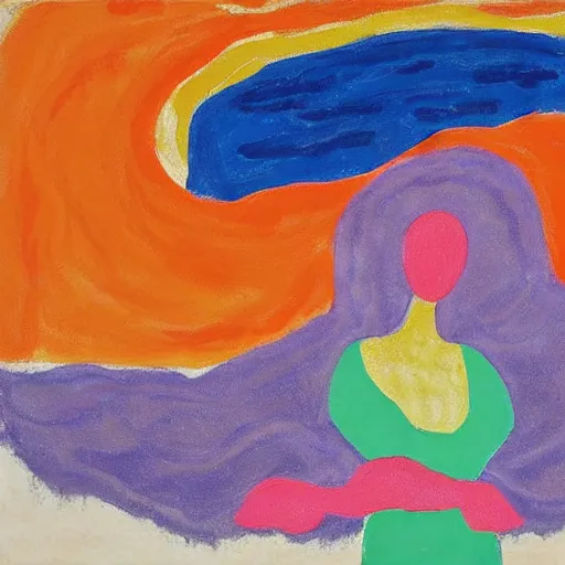 Image similar to doom by etel adnan. the experimental art of the moment when the goddess venus is born from the sea. she is shown standing on a giant clam shell, with her long, flowing hair blowing in the wind. the experimental art is full of light & color, & venus looks like she is about to step into a beautiful, bright future.