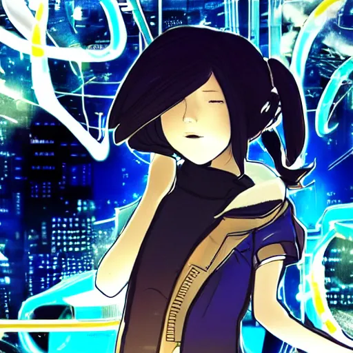 Image similar to Frequency indie album cover, luxury advertisement, blue filter, blue and black colors. Clean and detailed post-cyberpunk sci-fi close-up schoolgirl in asian city in style of cytus and deemo, blue flame, relaxing, calm and mysterious vibes, by Tsutomu Nihei, by Yoshitoshi ABe, by Ilya Kuvshinov, by Greg Tocchini, nier:automata, set in half-life 2, Matrix, GITS, Blade Runner, Neotokyo Source, Syndicate(2012), dynamic composition, beautiful with eerie vibes, very inspirational, very stylish, with gradients, surrealistic, dystopia, postapocalyptic vibes, depth of field, mist, rich cinematic atmosphere, perfect digital art, mystical journey in strange world, beautiful dramatic dark moody tones and studio lighting, shadows, bastion game, arthouse