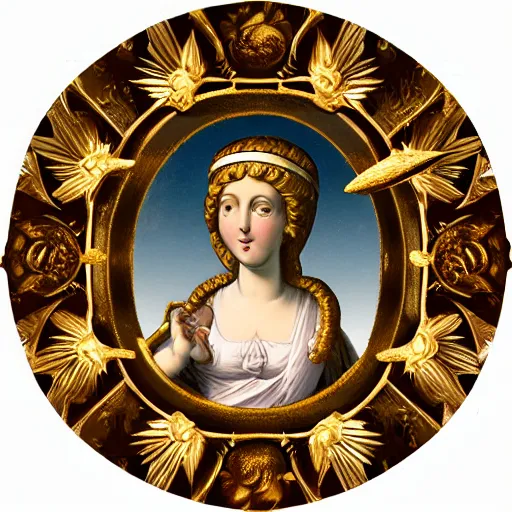 Prompt: Saint Woman, Putti, Venus, Athena, Sistina, baroque, marble and gold, stars, space, sun, pomegranade, pinecone, bronze