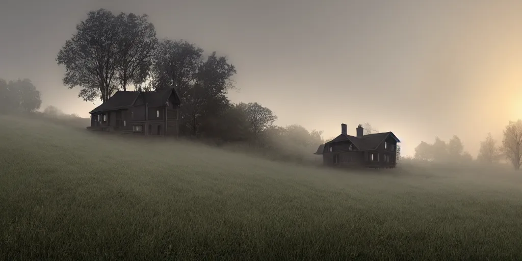 Prompt: house on a hill, beautiful, dawn, foggy area, black fog, photorealistic, panoramic shot, 4 k