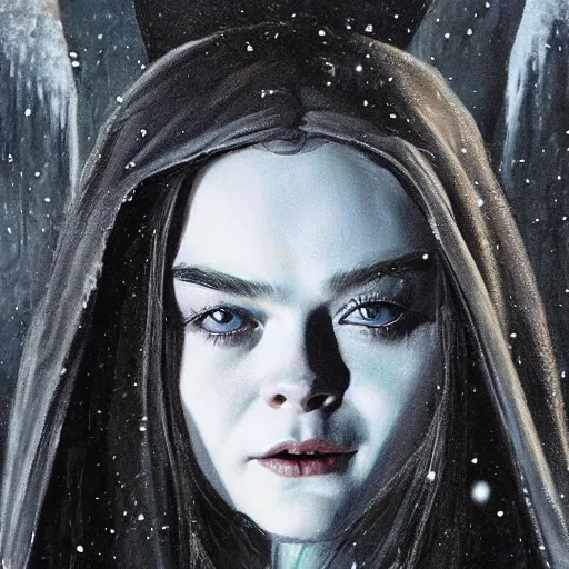 Image similar to ultra realistic portrait painting of elle fanning as a vampire wearing black cultist robes in the snow, art by frank frazetta, 4 k, ultra realistic, highly detailed, epic lighting