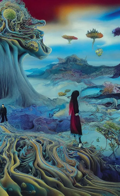 Image similar to ultrawide angle colour masterpiece surreal closeup portrait photography of the beatles playing on stage by miho hirano and annie leibovitz and michael cheval, weird surreal epic psychedelic complex biomorphic 3 d fractal landscape in background by kilian eng and roger dean and salvador dali and beksinski, 8 k