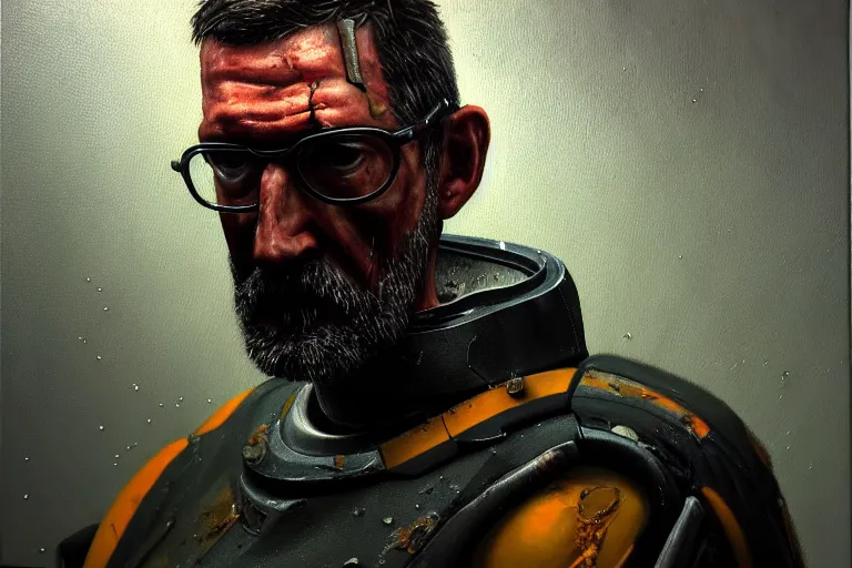 Image similar to photorealistic oil painting of gordon freeman in a damaged, scratched and worn down hev suit, night, rain, dense fog, dark room, cinematic, volumetric lighting, f 8 aperture, cinematic eastman 5 3 8 4 film, photorealistic