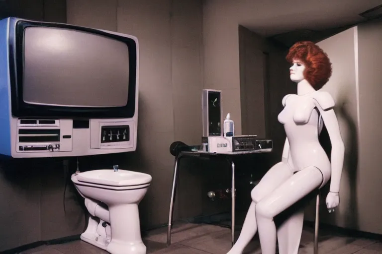 Prompt: beautiful woman robot sitting on a galaxy toilet, from 1985, bathed in the glow of a crt television, crt screens in background, low-light photograph, in style of Tyler Mitchell