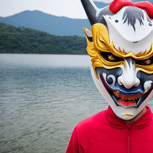 Image similar to A devious teen with a unique hannya mask by kim jung gi, lake in the background