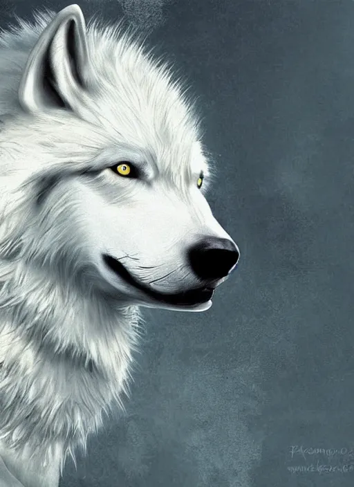 Prompt: a realistic white wolf head seen from the side, fantasy art