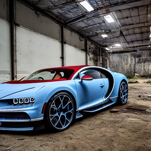 Image similar to an abandoned, derelict, rusty bugatti chiron in a dirty warehouse