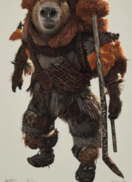 Image similar to detailed full body concept art illustration, oil painting on canvas of an anthropomorphic capybara barbarian in full intricate clothing, biomutant, dystopian, micro detail, octane render, 4K
