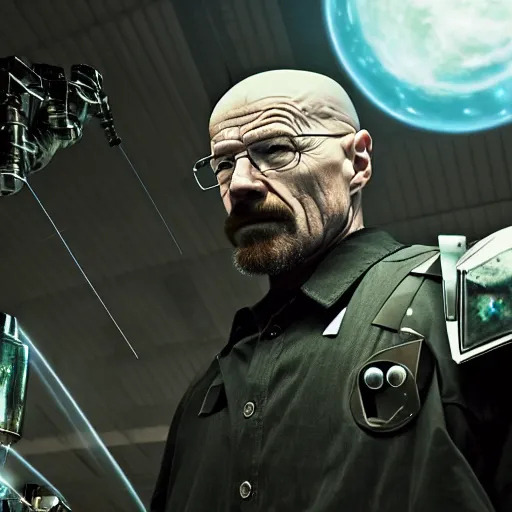 Prompt: Walter White firing missiles from his cybernetic battle armor, highly detailed, 4k