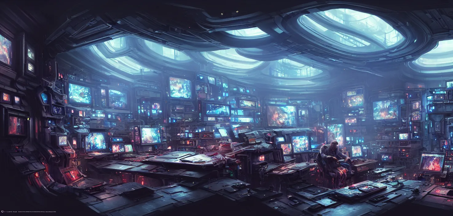 Prompt: a hyper detailed octane render concept art by xision wu, kerem beyit, sandara tang portrait of cyberpunk panel control spaceship room, dim lighting, detailed portraits, unreal engine 5, highly rendered, digital painting, hyper realistic, photorealistic, artstation, concept art, smooth, sharp focus perfect horizontal, symmetry illustration, detailed and intricate environment artstation hq