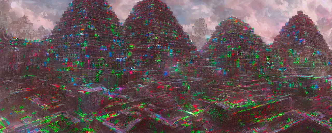 Prompt: rgb aztec temple, concept art, 4 k