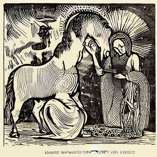 Prompt: offerings for the horse goddess, woodcut print