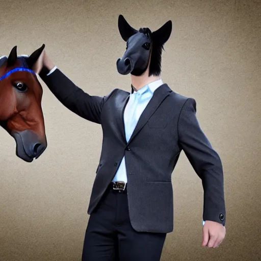 Image similar to a photorealistc horse character is wearing a suit, he is demonstrating the smartphone