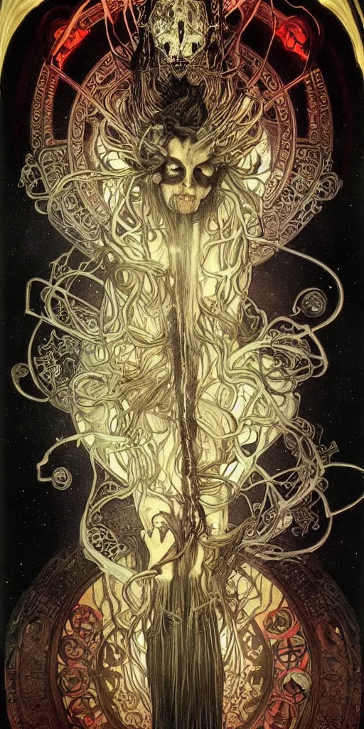 Prompt: intense glowing pagan black metal god with horns and veins and intense glowing eyes and a blood skull in very dark cosmic space by alphonse mucha and karol bak and beksinski and artgerm, portrait, fantasy, clear, light beams, lens flare, intense, uhd, amazing depth, cinematic lighting, shining gold and black and red