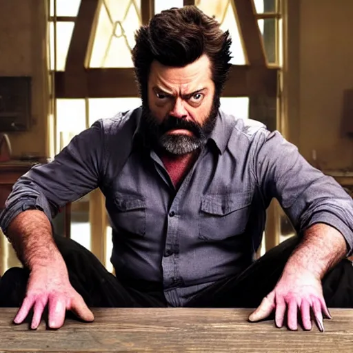 Image similar to logan wolverine pictured as nick offerman with 3 identical claws released off his wrist, photorealistic marvel movie still, imdb, detailed, 8 k, poster photosession style