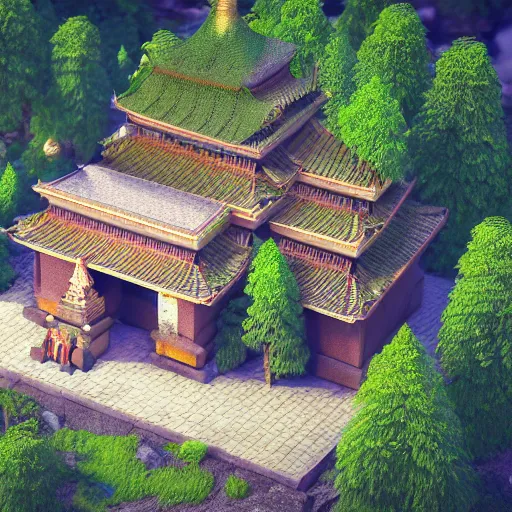 Image similar to an isometric 3 d render of a buddhist shrine in the forest, isometric, octane render, sunbeams