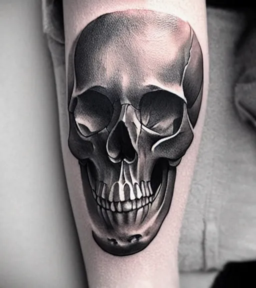 Image similar to a tattoo design with a creative skull, in the style of den yakovlev, hyper realistic, black and white, realism, highly detailed