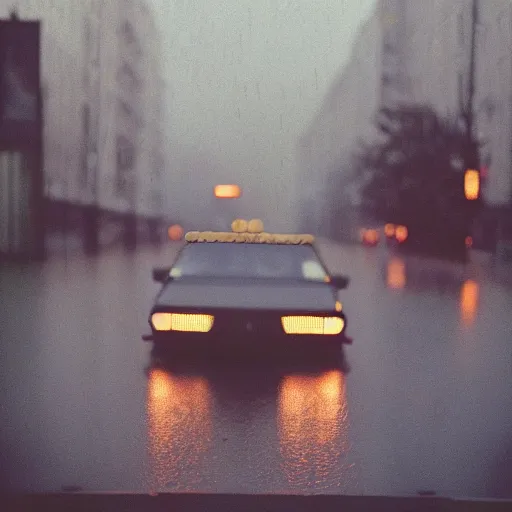 Image similar to 1990s perfect 8K HD professional cinematic photo of a car in dystopian world, at evening during rain, at instagram, Behance, Adobe Lightroom, with instagram filters, depth of field, taken with polaroid kodak portra