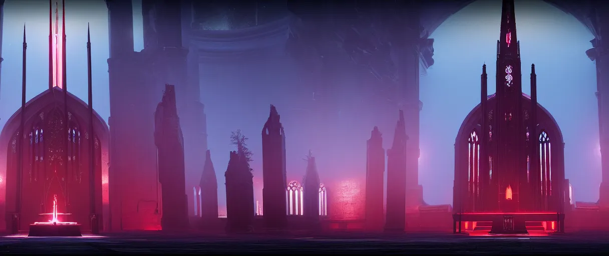 Prompt: symmetrical, centered, ancient church of worship with red shafts of light in destiny 2, foggy, liminal, dark, dystopian, beautiful architecture, abandoned, highly detailed 4 k 6 0 fps destiny 2 promotional poster image wallpaper, official image bungie website