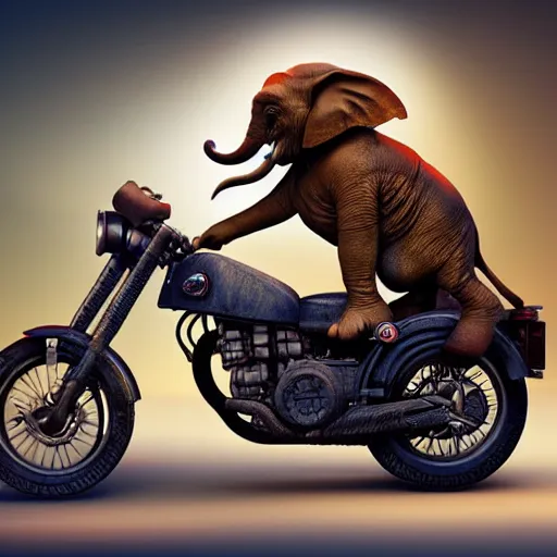 Prompt: elephant yoda riding a motorcycle in the movie born to be wild, stunning digital art, high detail, in the style of artgerm, artstation, cgsociety, dramatic lighting, pixar 3d 8k