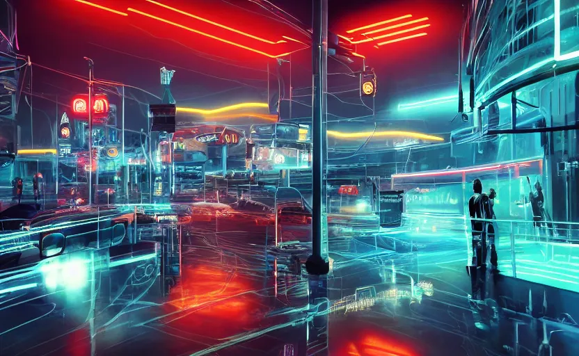 Image similar to futuristic neon signs in a scene of ( millions of people ) waking up, ( robot cyborgs ), futuristic oil painting by jeff koonz, ( ( led panel screens and projections ) ), ( ultra realistic ), dynamic lighting, octane render, ( ( vertical led lighting ) ), 3 5 mm lens, film grain