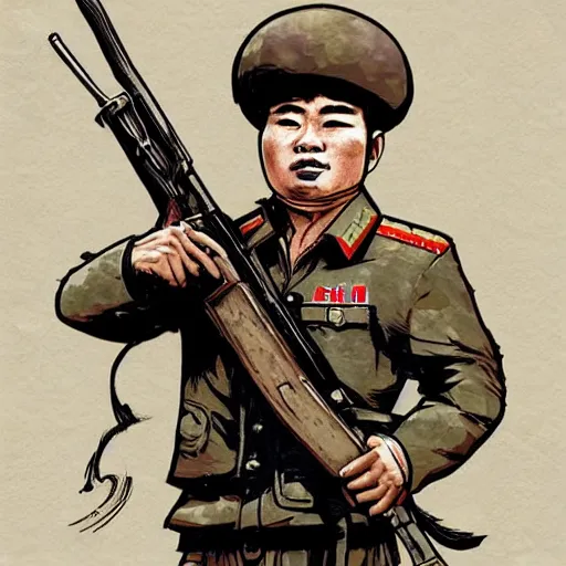Prompt: A North Korean resistance rebel soldier , Artwork by Kim Jung Gi, Kim Jung Gi style, ink, peter han style