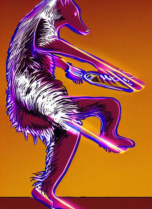 Image similar to digital art of a wolf playing an electric guitar while stepping on the amplifier with one foot.