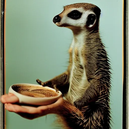 Image similar to meerkat drinking coffee, hedgehog drinking martini, cinematic, kodachrome