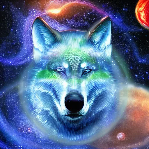 Image similar to of a fantasy painting of a wolfs face in the sky morphing into galaxy ’ s and stars and planets in the style of greg retowski highly detailed cinematic lighting digital art