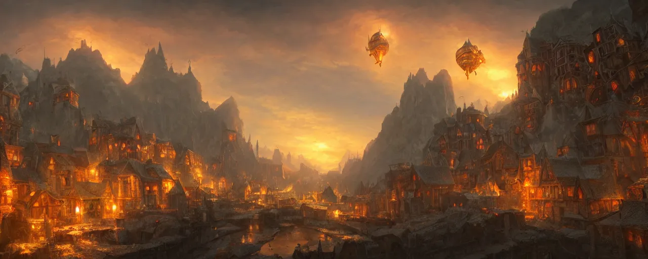 Prompt: Medieval Village in a fantasy valley, with steampunk airships flying around, the sky is blue and orange, very detailed concept art, matte painting, digital art, concept art, realistic beautiful, trending on Artstation, Greg Rutkowski
