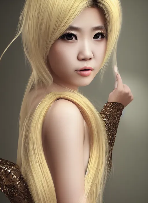 Image similar to portrait of an asian girl with blonde hair, in a fancy mansion, young cute beautiful face, wearing an expensive dress, detailed, 8 k, epic, charming, character, octane rendering, hyper - realistic