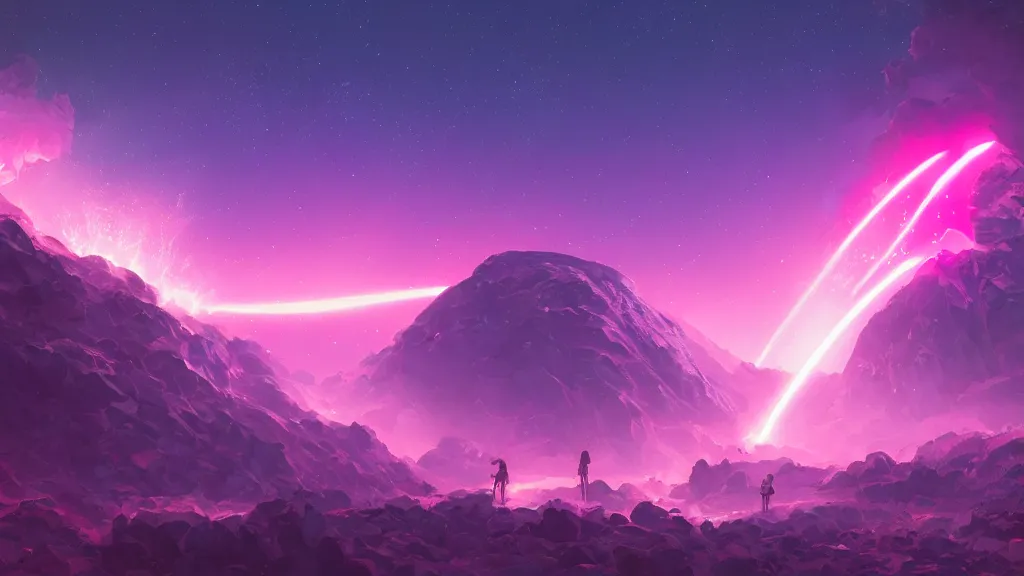 Prompt: large glowing pink meteor shower crashing down on earth, waves of energy, by sylvain sarrailh, rossdraws, ambient light, ultra detailed, fantasy artwork, 8 k, volumetric lighting, trending on artstation, award winning, very beautiful.