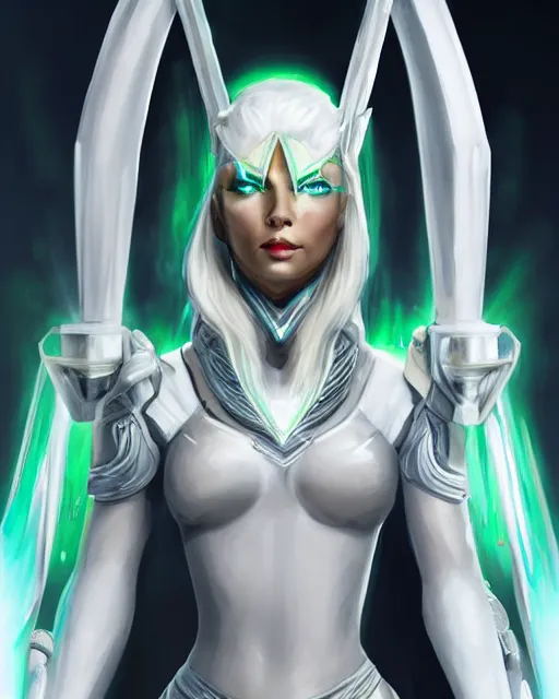 Image similar to perfect white haired attractive egyptian goddess, warframe armor, beautiful, symmetric, dreamy, half asian, pretty face, green eyes, charlize theron, detailed, scifi platform, laboratory, experiment, 4 k, ultra realistic, epic lighting, android body, illuminated, cinematic, masterpiece, art by akihito tsukushi, voidstar