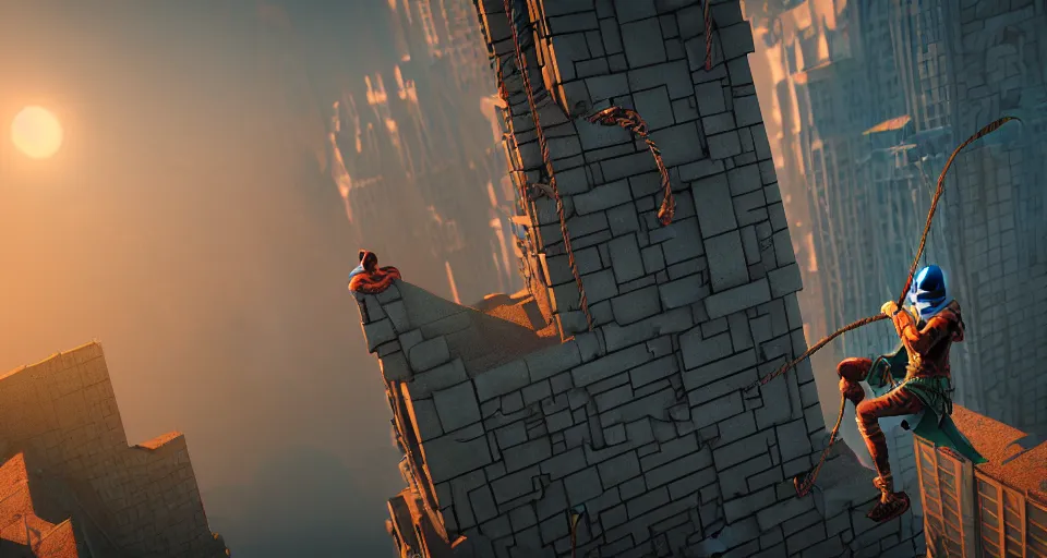 Image similar to an epic fantasy comic book style landscape painting of a hooded thief climbing a tall building with a city using a rope, unreal 5, daz, hyperrealistic, octane render, dynamic lighting