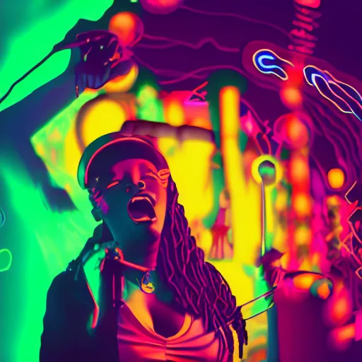 Prompt: beautiful black woman rapping into microphone, wild crowd, hip hop vaporwave, abstract background, neon, photo, detailed, 4k