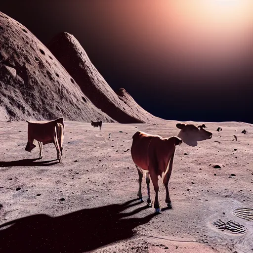 Image similar to realistic picture of cows on the moon, sunlight, detailed, realism, glow, 8k,