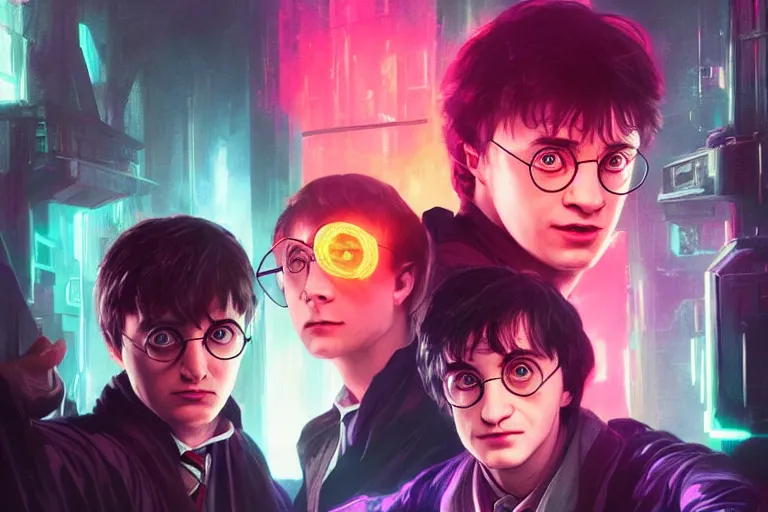 Prompt: portrait of Harry Potter in cyberpunk, neon lighting, cyber glasses, portrait in center, digital art from artstation by Ruan Jia and Mandy Jurgens and Artgerm and william-adolphe bouguereau and Greg Rutkowski and Wayne Barlowe