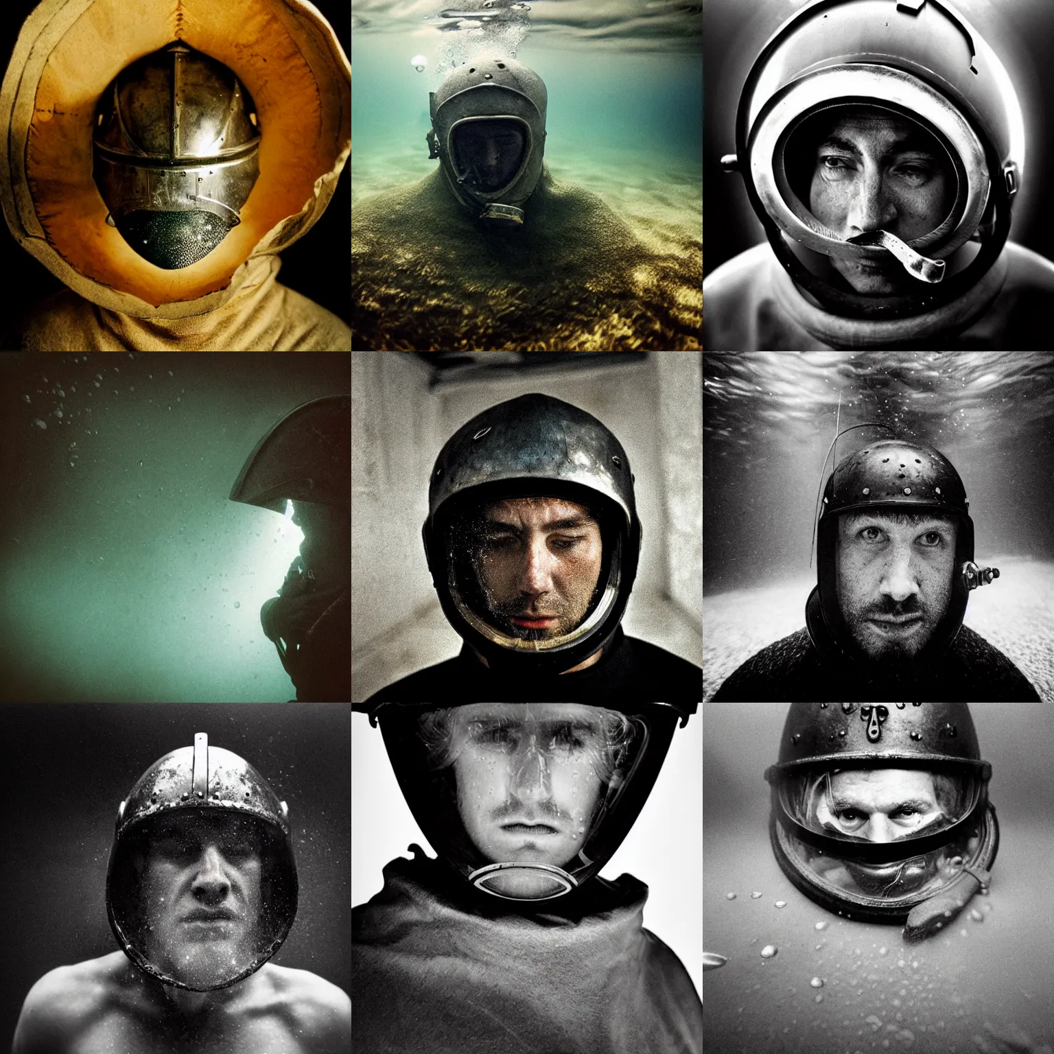 Prompt: Underwater close up portrait of a man in medieval helmet by Trent Parke, clean, detailed, Magnum photos