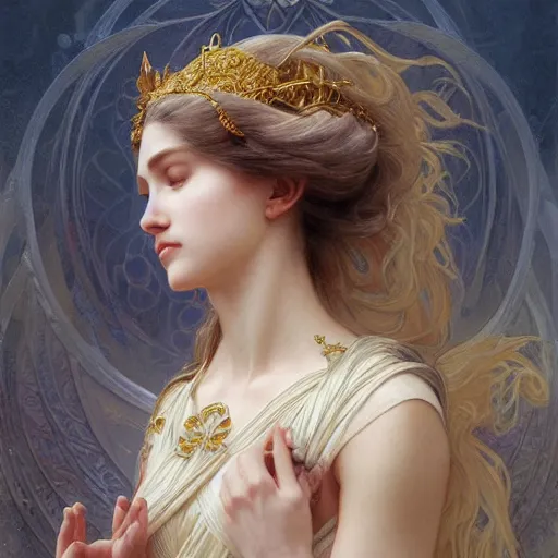 Image similar to portrait of etheral goddess, intricate, elegant, highly detailed, digital painting, artstation, concept art, smooth, sharp focus, illustration, art by artgerm and greg rutkowski and alphonse mucha and william - adolphe bouguereau and stephanie law