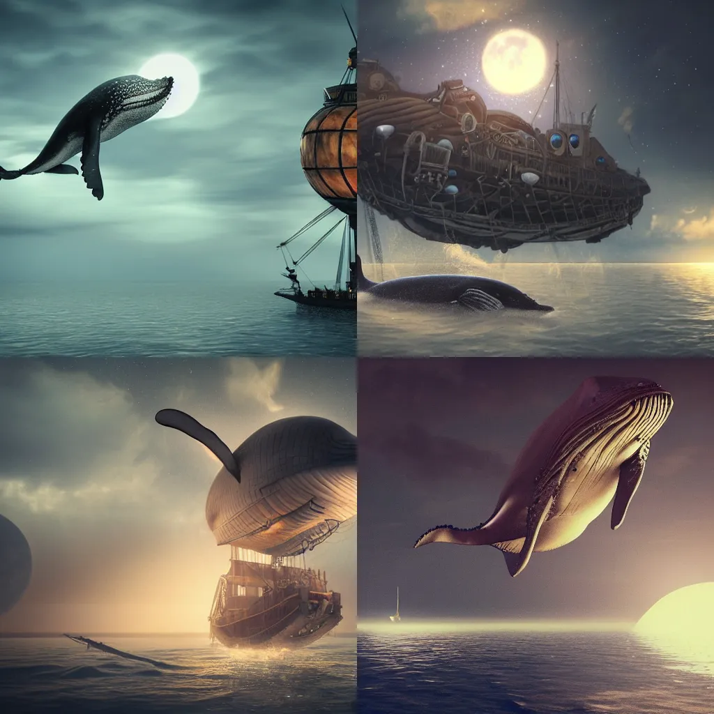 Prompt: a whale attacking a steampunk airship at night during full moon on a cloudy night, high detail, octane render, steampunk airship