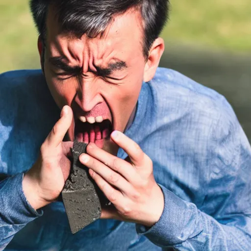 Image similar to a man angrily eating cement