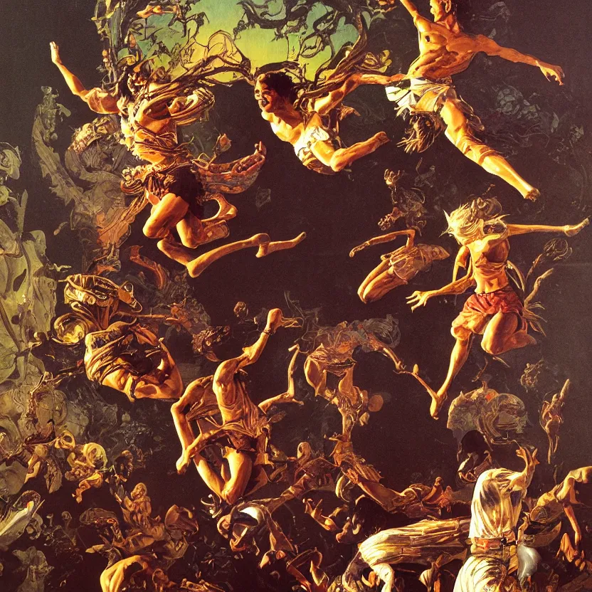 Prompt: a baroque neoclassicist close - up painting of tan people jumping out of picture frames. reflective detailed textures. glowing colorful fog, black background. highly detailed fantasy science fiction painting by moebius, norman rockwell, frank frazetta, and syd mead. rich colors, high contrast. artstation