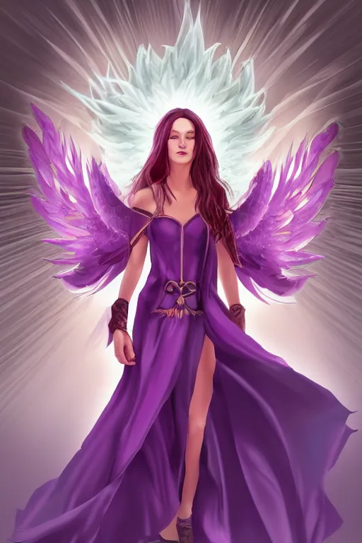 Prompt: Young beautiful woman in purple witch robes with a phoenix on her shoulder, full body shot, digital art