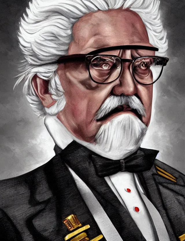 Image similar to a portrait of colonel sanders as a dictator, by moebius and tyler edlin and hr giger, trending on artstation, digital art, 4 k resolution, detailed, high quality, sharp focus, hq artwork, coherent, insane detail, concept art