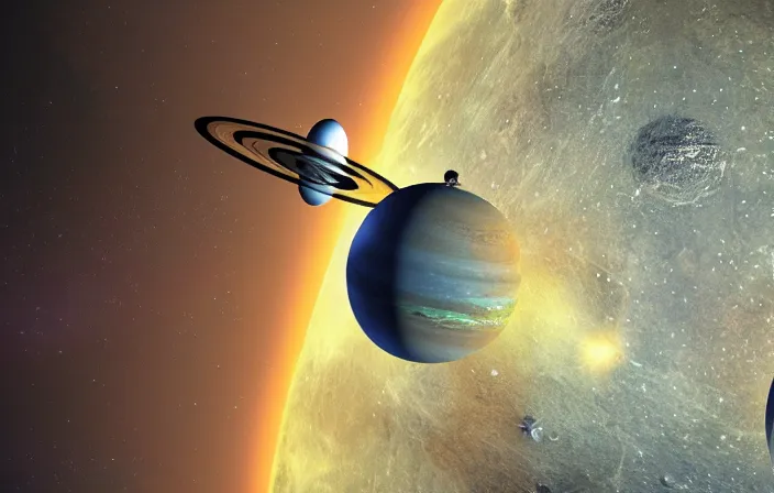 Image similar to the voyager interplanetary probe leaving the solar system and taking the last pictures of planet earth, octane render