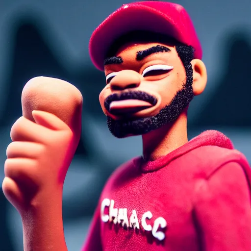 Image similar to a cinematic film still of a claymation stop motion film starring chance the rapper as a college student, shallow depth of field, 8 0 mm, f 1. 8