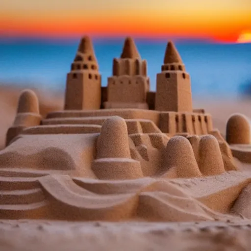Prompt: gigantic sandcastle contains human crowd, tiltshift, coronation of the sand queen, sunset